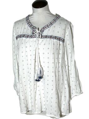 Caffe Marrakesh Boho Peasant Blouse 3/4 Sleeves White w Blue Red Trim Sz Large